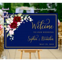 Navy Burgundy Wedding Welcome Sign,Welcome sign with Burgundy Flowers,(125aw)